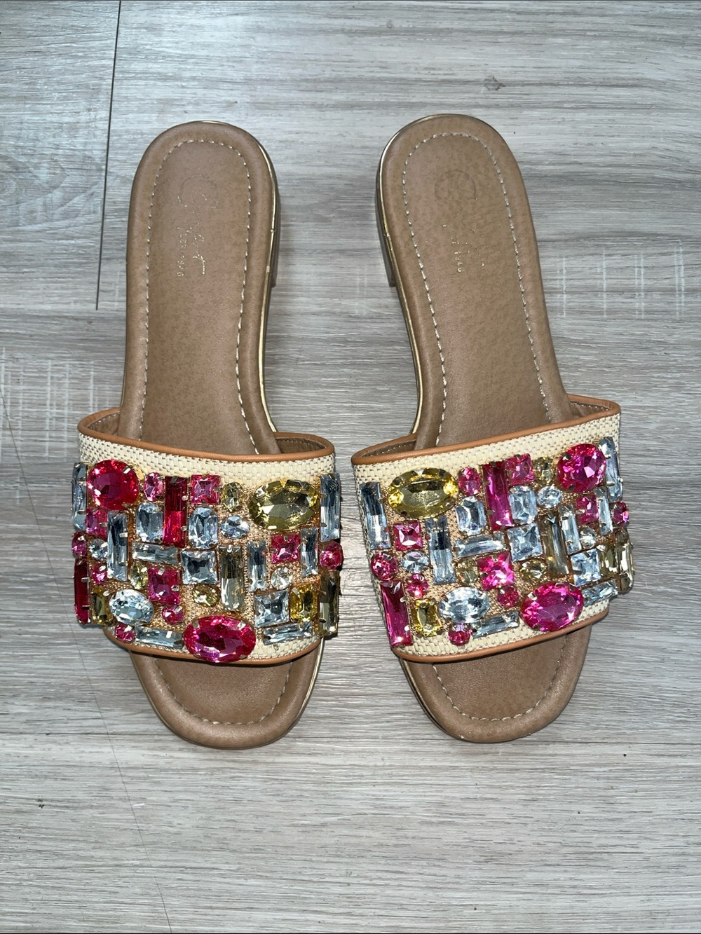 Embellished Gemstone Slide Sandals - Pink, Yellow, Clear - Picture 2 of 5